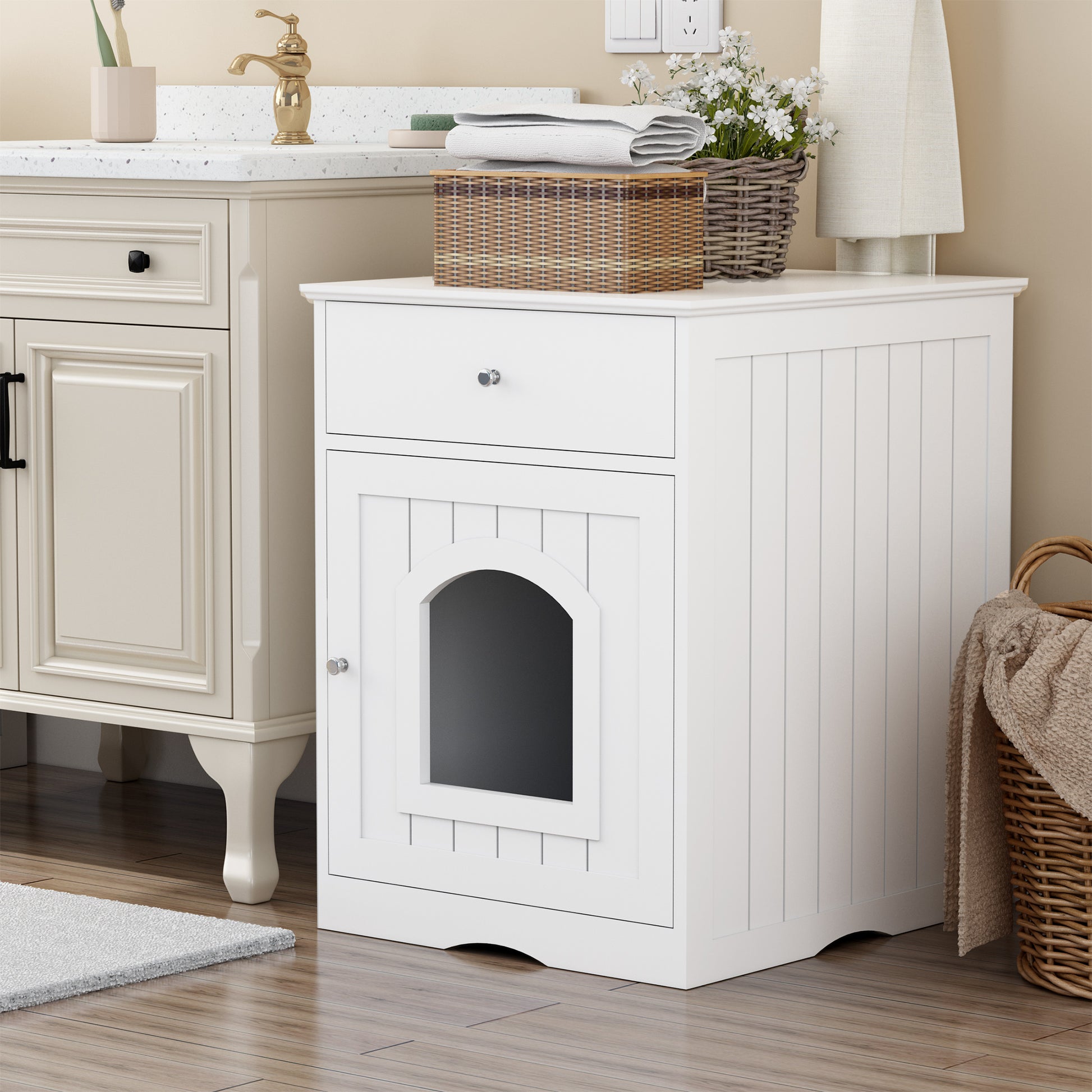 Wooden Pet House Litter Box Fence with Drawers