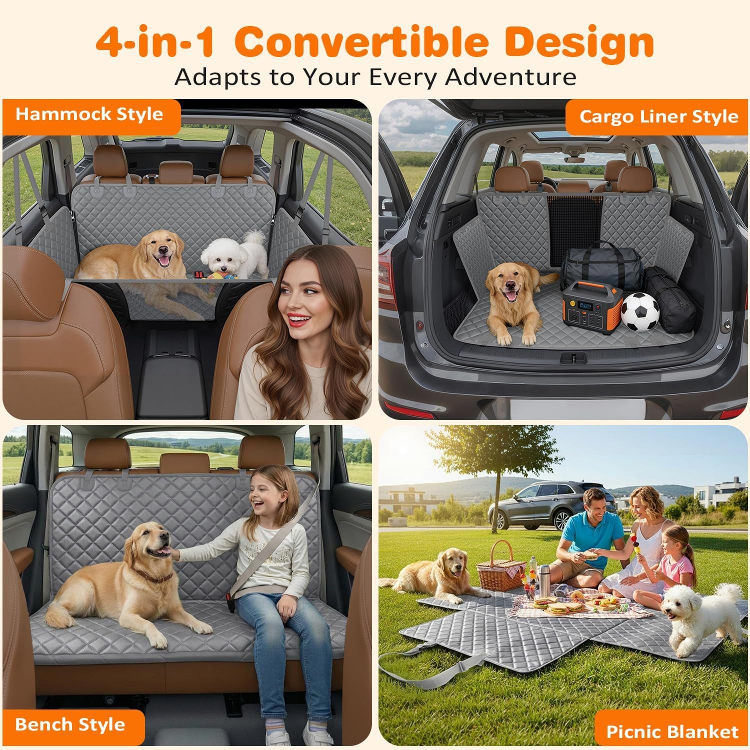4 in 1 Dog Car Seat Cover for Back Seat, Waterproof Dog Hammock with Mesh Window and Side Flap Pet Car Seat Protector Dogs Backseat Cover for Cars, Suvs & Mid-Size Trucks