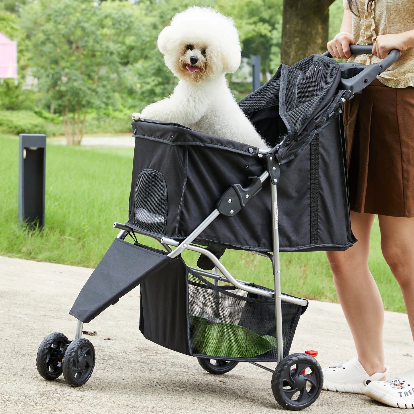 3 Wheels Pet Stroller, Dog and Cat Strollers, with Storage Basket and Cup Holder, Lightweight Travel Carrier, Breathable Mesh, Waterproof and Foldable for Small Pets Outdoor Walk, Black