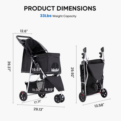 3 Wheels Pet Stroller, Dog and Cat Strollers, with Storage Basket and Cup Holder, Lightweight Travel Carrier, Breathable Mesh, Waterproof and Foldable for Small Pets Outdoor Walk, Black