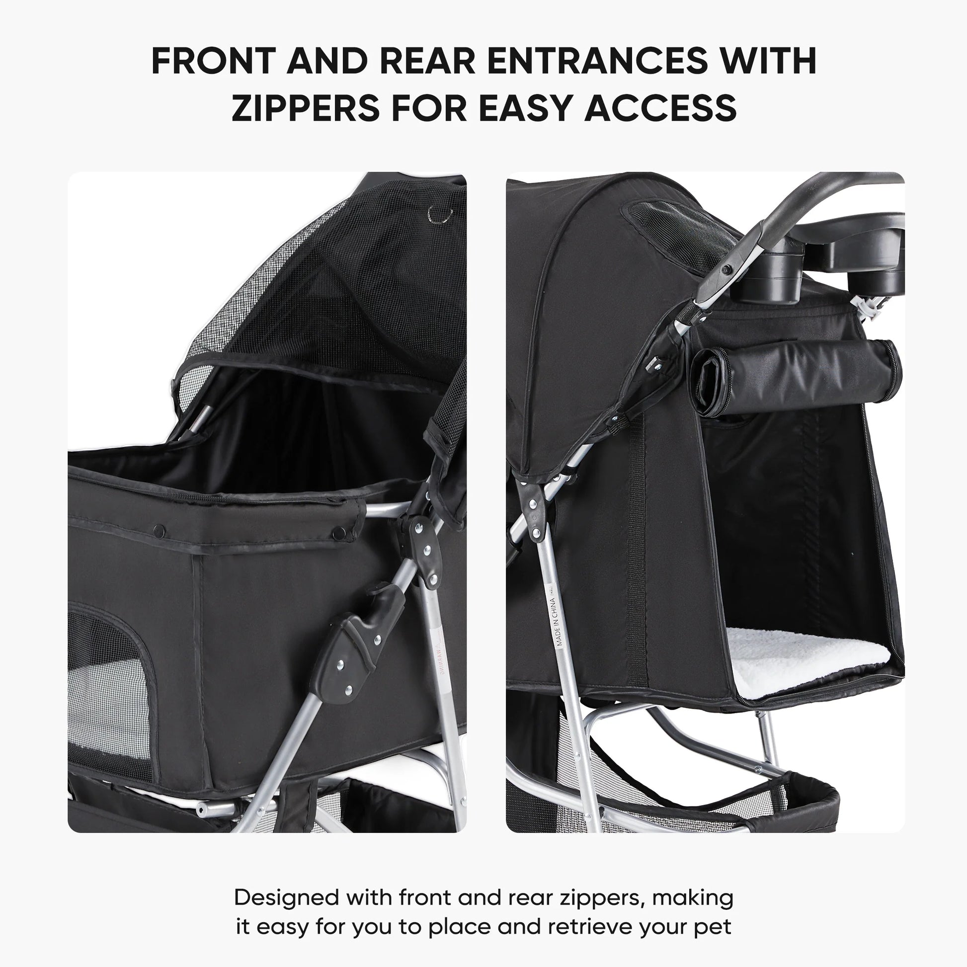 3 Wheels Pet Stroller, Dog and Cat Strollers, with Storage Basket and Cup Holder, Lightweight Travel Carrier, Breathable Mesh, Waterproof and Foldable for Small Pets Outdoor Walk, Black