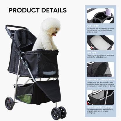3 Wheels Pet Stroller, Dog and Cat Strollers, with Storage Basket and Cup Holder, Lightweight Travel Carrier, Breathable Mesh, Waterproof and Foldable for Small Pets Outdoor Walk, Black